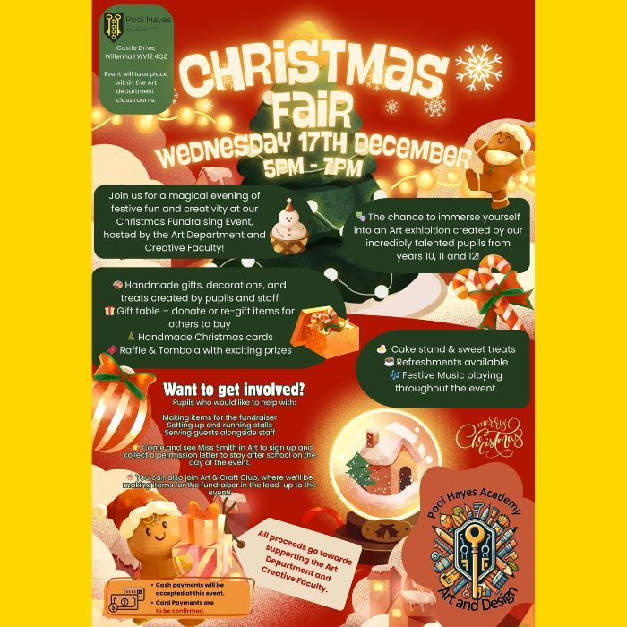 Celebrate the season with us at our Christmas Craft Fair 🎄 Enjoy handmade crafts, cards, decorations, gift tags &amp; candle holders created by our talented students &amp; staff. Also delicious cakes &amp; our festive tombola! Perfect for gifts, stocking fillers or a festive evening out 🎁