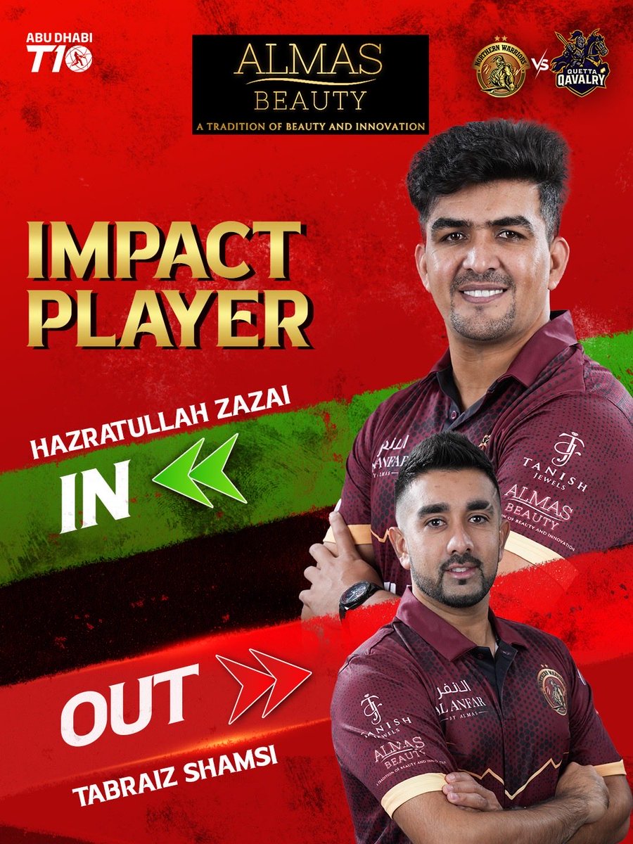 Impact Player move! Hazratullah Zazai comes IN for the chase, Tabraiz Shamsi goes OUT. The Warriors are ready for a big finish!

#NorthernWarriors #NWvsQQ