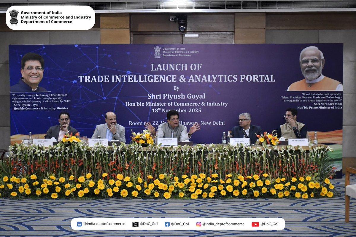 DoC_GoI's tweet image. Trade Intelligence &amp;amp; Analytics (TIA) Portal Launched

🗓️: 18 November 2025
📍 Vanijya Bhawan, New Delhi

HCIM Shri @PiyushGoyal launched the TIA (Trade Information and Analytics) portal today on 18th November, 2025. 
The TIA Portal is a one-stop platform that brings together live…