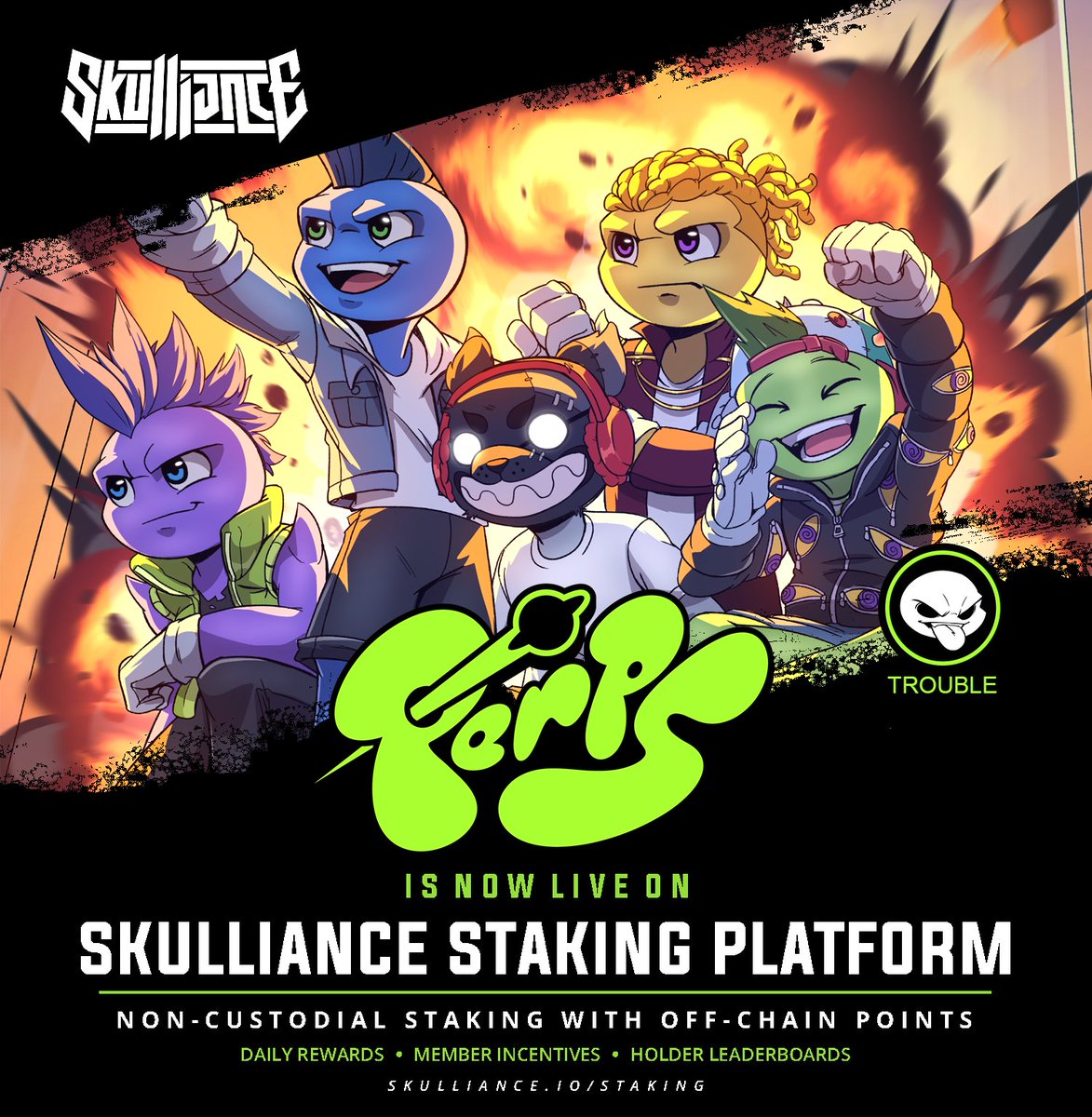 TROUBLE has been brewing for awhile now!

It's time to make the official announcement!

<a href="/perpsonx/">perps</a> have officially partnered with <a href="/skulliance/">SKULLIANCE</a> to offer non-custodial staking for off-chain points, idle missions, community raids &amp; factions, &amp; Match 3 RPG gamification &amp; boss battles!