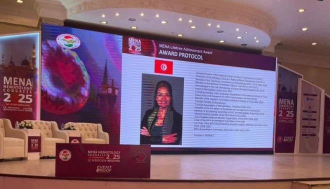 #Tunisia: Emna Gouider has won the 2025 #MENA Lifetime Achievement Award at the MENA Hematology Congress in #AlMadinah, #KSA, honouring her decades of work in research, teaching and patient care, especially in leukemia and hereditary bleeding disorders. #TAP_En