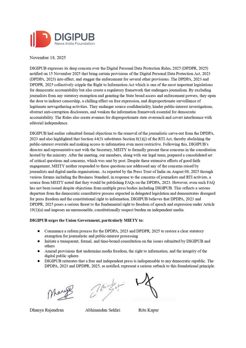 DigipubIndia's tweet image. DIGIPUB expresses its deep concern over the Digital Personal Data Protection Rules, 2025.