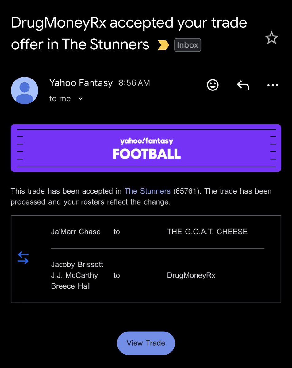 ITacos4's tweet photo. Wow 😱 can’t believe I pulled this off #fantasy #football #trade https://t.co/6noVPpqa64