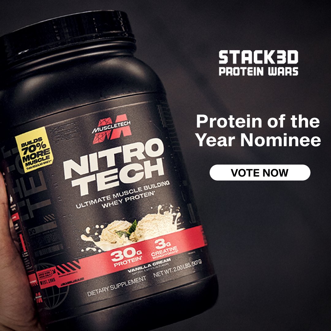 MuscleTech's tweet image. MuscleTech fans, voting is open for the 2025 @Stack3dNews Protein Wars and we need your vote in Round 1! Visit stack3d.com/protein-wars and vote for Nitro-Tech!   

Nitro-Tech is clinically proven to help users gain significantly more lean muscle and strength than regular whey (up…