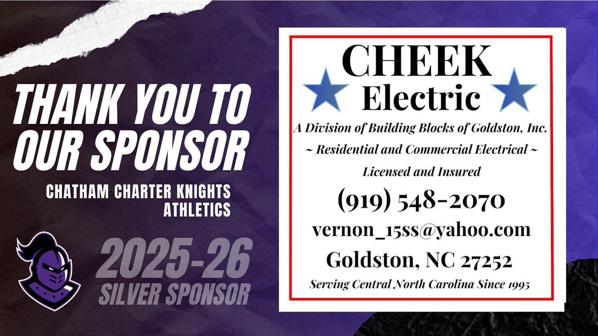 We’re proud to recognize Cheek Electric as a Silver Sponsor of Chatham Charter Athletics! Your commitment powers opportunities for our student-athletes to grow, compete, and succeed. Thank you for your support! ⚔️