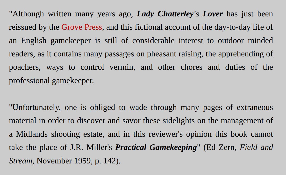 I am reminded of the 1959 issue of Field and Stream magazine which had a book review of Lady Chatterlay's Lover
