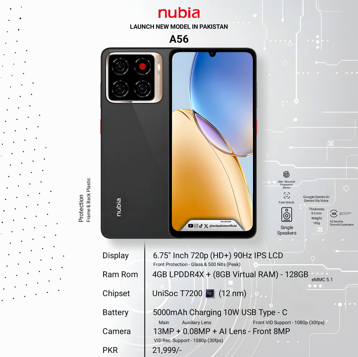 TechPakistanOf1's tweet image. Nubia A56 Launch in Pakistan 🇵🇰 (4GB + 8GB Virtual RAM - 128GB) PKR. 21,999/-
#nubiaA56
.
#techpakistanofficial #techpakistan