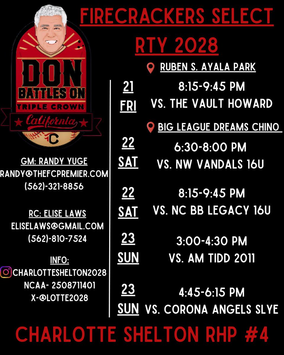 Last showcase of the Fall season! 🍁🥎
Looking forward to hitting the dirt with my teammates one last time before high school starts, hope you can stop by! <a href="/coachalyssarazo/">Alyssa Razo</a> <a href="/LineDsoftball/">Line Drive Media</a> <a href="/los_stuff/">Carlos Arias</a> <a href="/CoastRecruitsSB/">Coast Recruits 🥎</a> <a href="/CoastRecruits/">Coast 2 Coast Recruits</a> <a href="/DiamondAddicts/">Diamond Addicts</a> <a href="/D1Softball/">D1Softball</a> <a href="/DirectRecruits/">Direct Recruits</a>