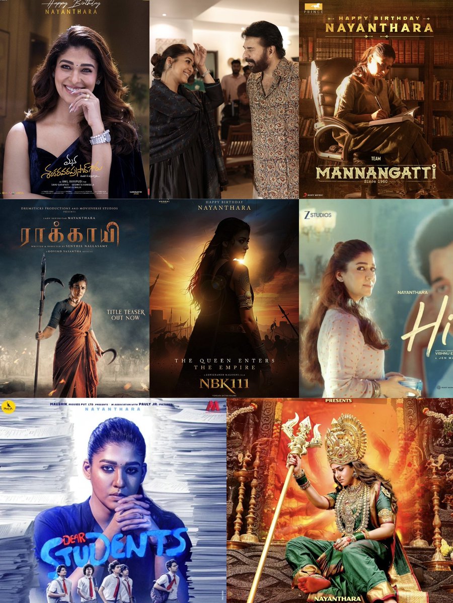 #Nayanthara's Lineup
#MSG with #ChiruAnil 
#Patriot with #Mammootty #Mohanlal𓃵 
#NBK111 with #Balayya 
#Hi with #Kavin
#MookuthiAmman2  - #SundarC 
#Raakayie
#DearStudents with #NivinPauly 
#MannangattiSince1960
#ToxicTheMovie with #Yash 
Many more to come 🫴🏻