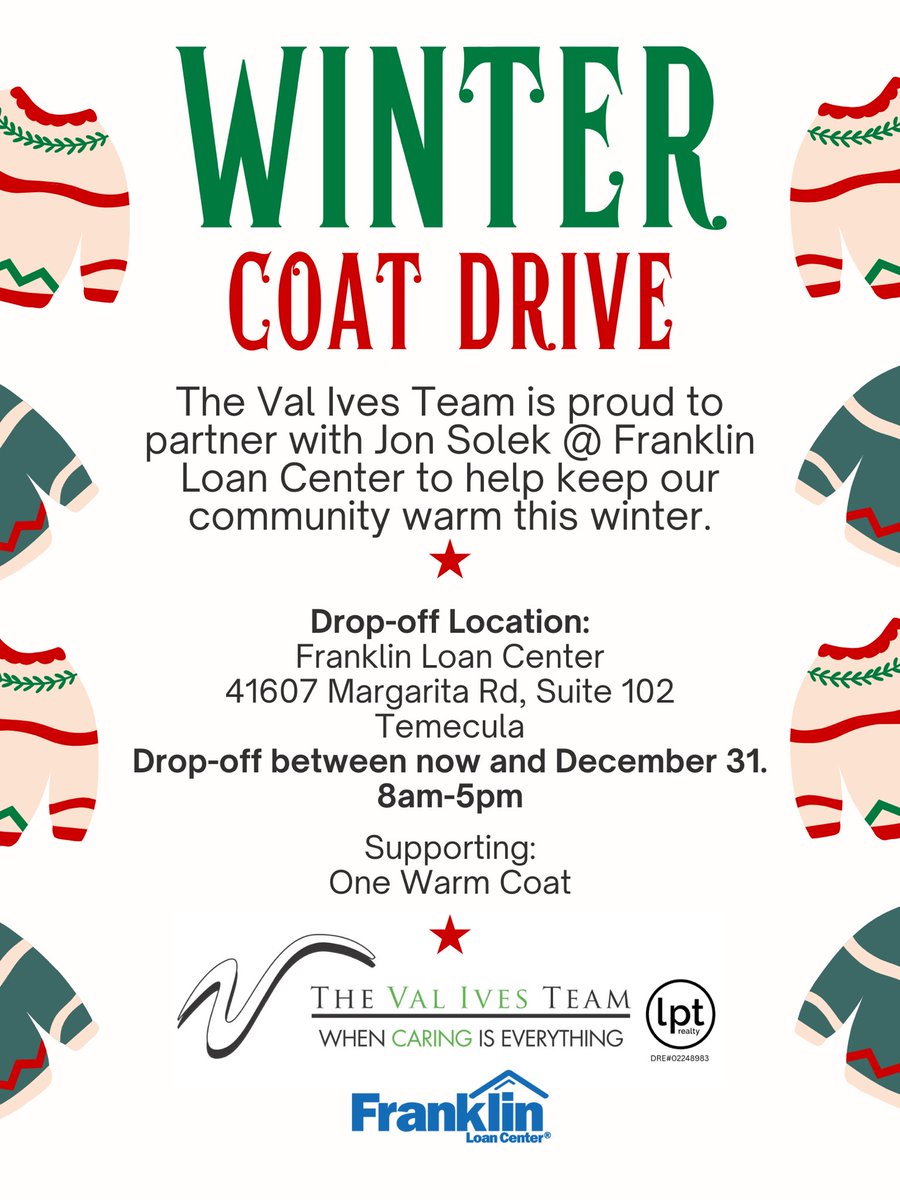 WesIves1's tweet photo. “The Val Ives Team” is proud to partner with Jon Solek at Franklin Loan Center for our first ever Coat Drive! 💙

🧥 Help Keep Our Community Warm This Winter! ❄️

We’re collecting new or gently used coats to help local families stay warm this season.

📍 Drop-off Location:👇 https://t.co/5NMX6Ux1af