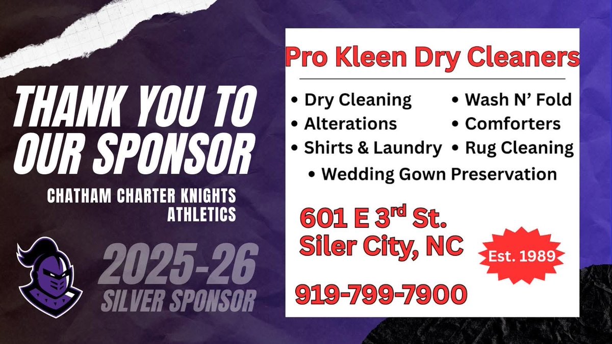 We’re proud to recognize Pro Clean Dry Cleaners as a Silver Sponsor of Chatham Charter Athletics! Thanks for helping our athletes shine bright—on the field and in the community.⚔️