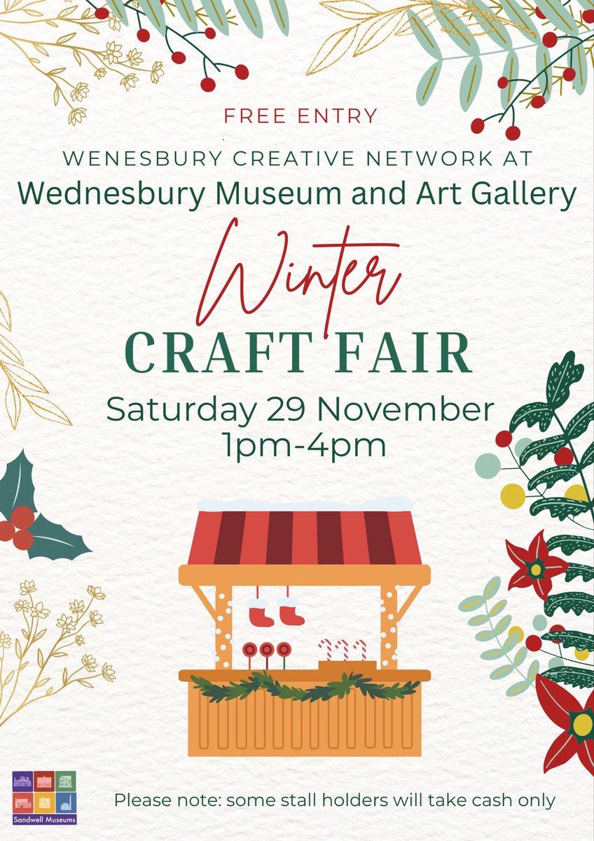 As part of the festive season at Wednesbury Museum and Art Gallery we have a wonderful winter craft fair with Wednesbury Creative Network. There will be lots of lovely handmade items to buy.
📍Wednesbury Museum and Art Gallery 
🗓️ Saturday 29 November 
🕰️ 1pm-4pm
Free entry.