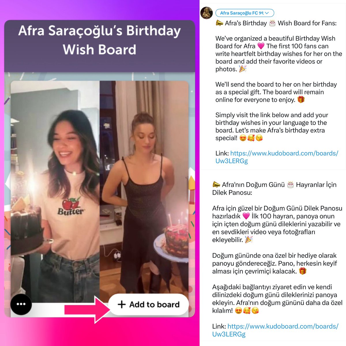 Afra_AndCo's tweet image. 📣 Afra’s Birthday 🎂 Wish Board for Fans:

We’ve organized a beautiful Birthday Wish Board for Afra 🩷 The first 100 fans can write heartfelt birthday wishes for her on the board and add their favorite videos or photos. 🎉 

We’ll send the board to her on her birthday as a…