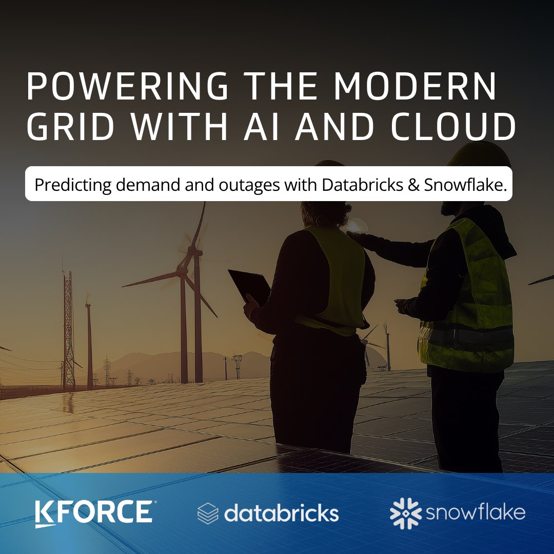 Kforce's tweet image. Grid resilience starts with data. Learn how utilities are using advanced data platforms like #Databricks and #Snowflake to forecast demand, reduce risk and modernize operations: hubs.la/Q03TLFCM0