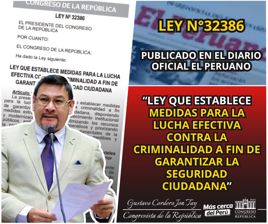 gcorderojontay's tweet photo. YA ES LEY N°32386
"LEY QUE ESTABLECE MEDIDAS PARA LA LUCHA EFECTIVA CONTRA LA CRIMINALIDAD A FIN DE GARANTIZAR LA SEGURIDAD CIUDADANA".
✅Con el objetivo de establecer medidas para la lucha efectiva contra la criminalidad a fin de garantizar la seguridad ciudadana. #Lima  #Peru https://t.co/2Usfj2kVlQ
