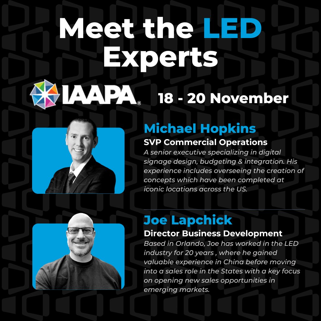 digiLED_'s tweet image. The team is heading to the IAAPA Expo this week in Orlando - if you're attending, let’s connect!

Drop Michael Hopkins or Joe Lapchick a message to arrange a meeting or drop us an email at hello@digiled.com.

#IAAPA #digiLED #AVtweeps #LEDdisplay