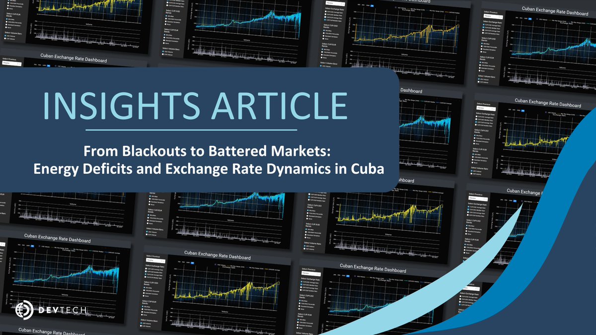 DevTechSys's tweet image. We are pleased to share a new DevTech Insights Article titled &quot;From Blackouts to Battered Markets: Energy Deficits and Exchange Rate Dynamics in Cuba.&quot; This article was written by DevTech’s María Barreiro Palafox and Rakel Dassinger for the Association for the Study of the Cuban…