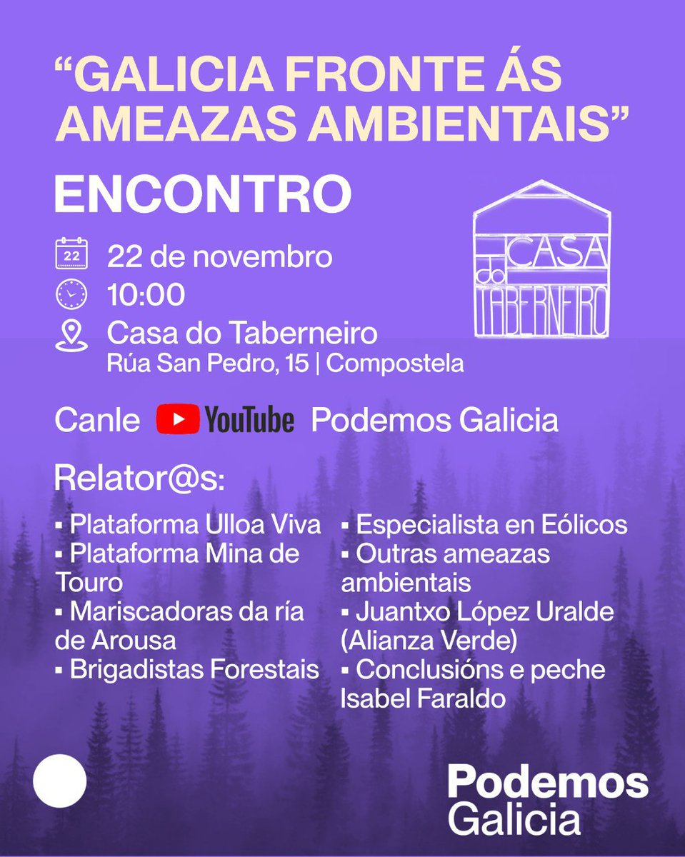 Este sábado xuntámonos para falar sobre as ameazas ambientais que sofre a nosa Galicia. Ás 10.00 na Casa do Taberneiro, Santiago de Compostela. 🍀