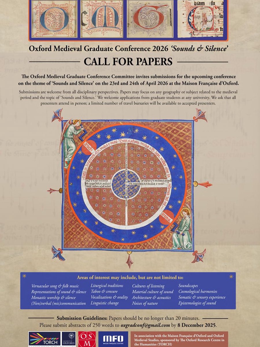 OxMedGradConf's tweet image. The OMGC committee is delighted to announce this year’s Call for Papers! We look forward to receiving submissions for 20-minute papers from graduate students on the theme ‘Sounds and Silence.’

Please submit abstracts of 250 words to oxgradconf@gmail.com by 8 December 2025.