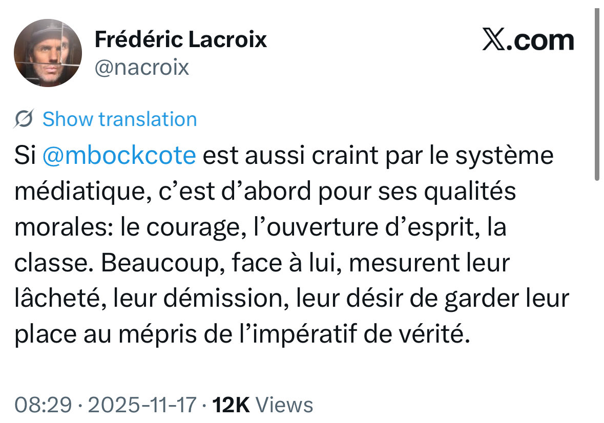 Les idiots: 

MBC est craint du système 

La réalité:

Il travaille pour Bolloré dont la fortune est de 9,6 milliards

Et PKP 2,42 milliards

Il est tellement protégé que même lorsque TVA coupe des postes, ils coupent des postes de journalistes avant le sien 🤷‍♂️