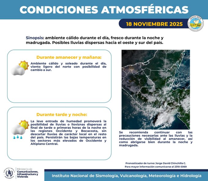 Infographic titled Condiciones Atmosfericas for 18 Noviembre 2025 with synopsis of warm daytime cool nighttime and possible light rains in east and country areas divided into four quadrants showing weather icons for hot sunny daytime light north winds hot afternoon and night with possible eastern rains warm daytime cool nighttime with possible western dispersed rains including humidity wind and temperature indicators from Instituto Nacional de Sismologia Vulcanologia Meteorologia e Hidrologia