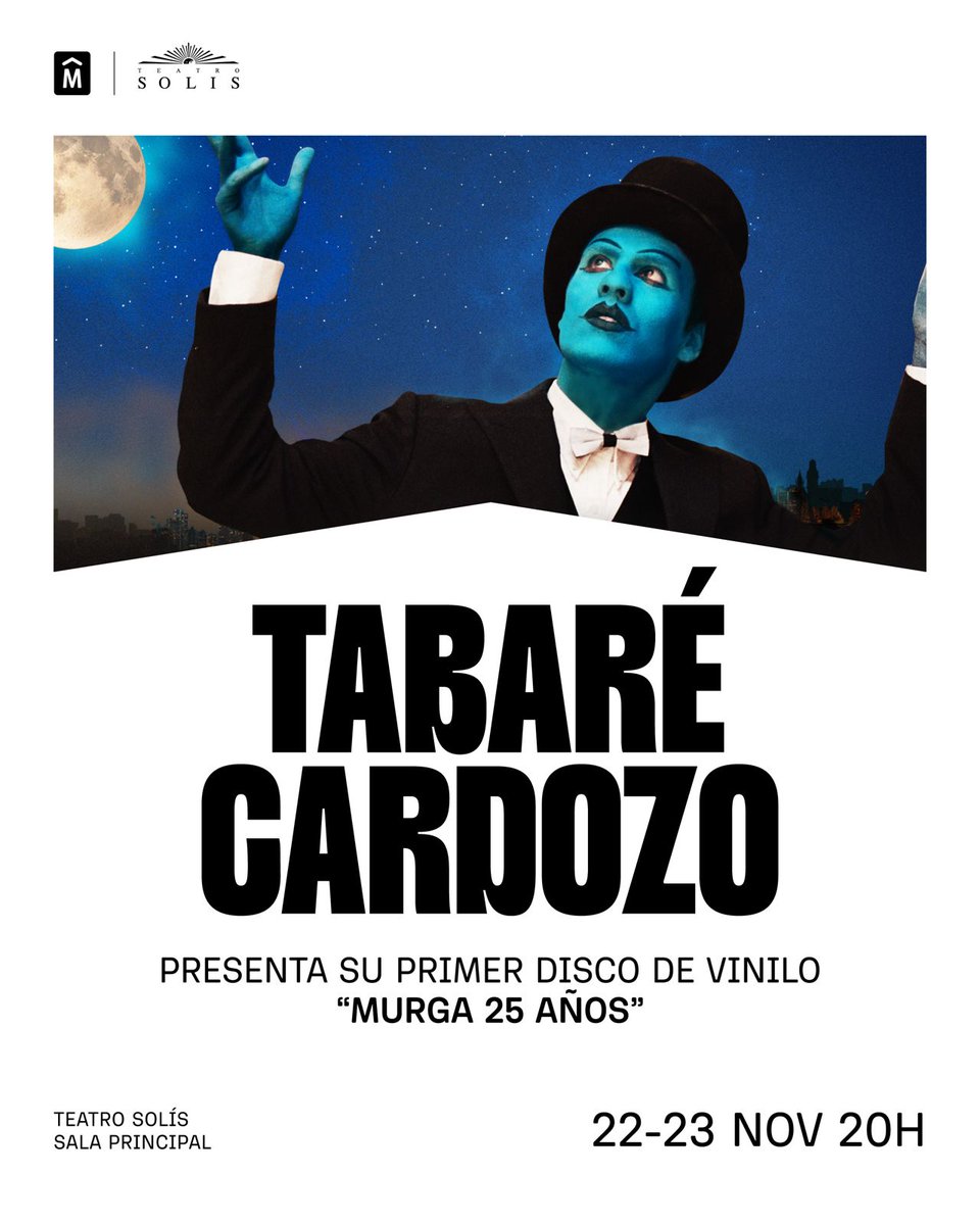 🎭 Murga 25 años
Tabaré Cardozo presenta su primer disco de vinilo con un recorrido por sus grandes éxitos de murga canción y sonoridad urbana junto a su banda completa, sus hermanos Yamandú y Martín, y varios componentes de la murga Agarrate Catalina.

🎟️ Entradas en venta