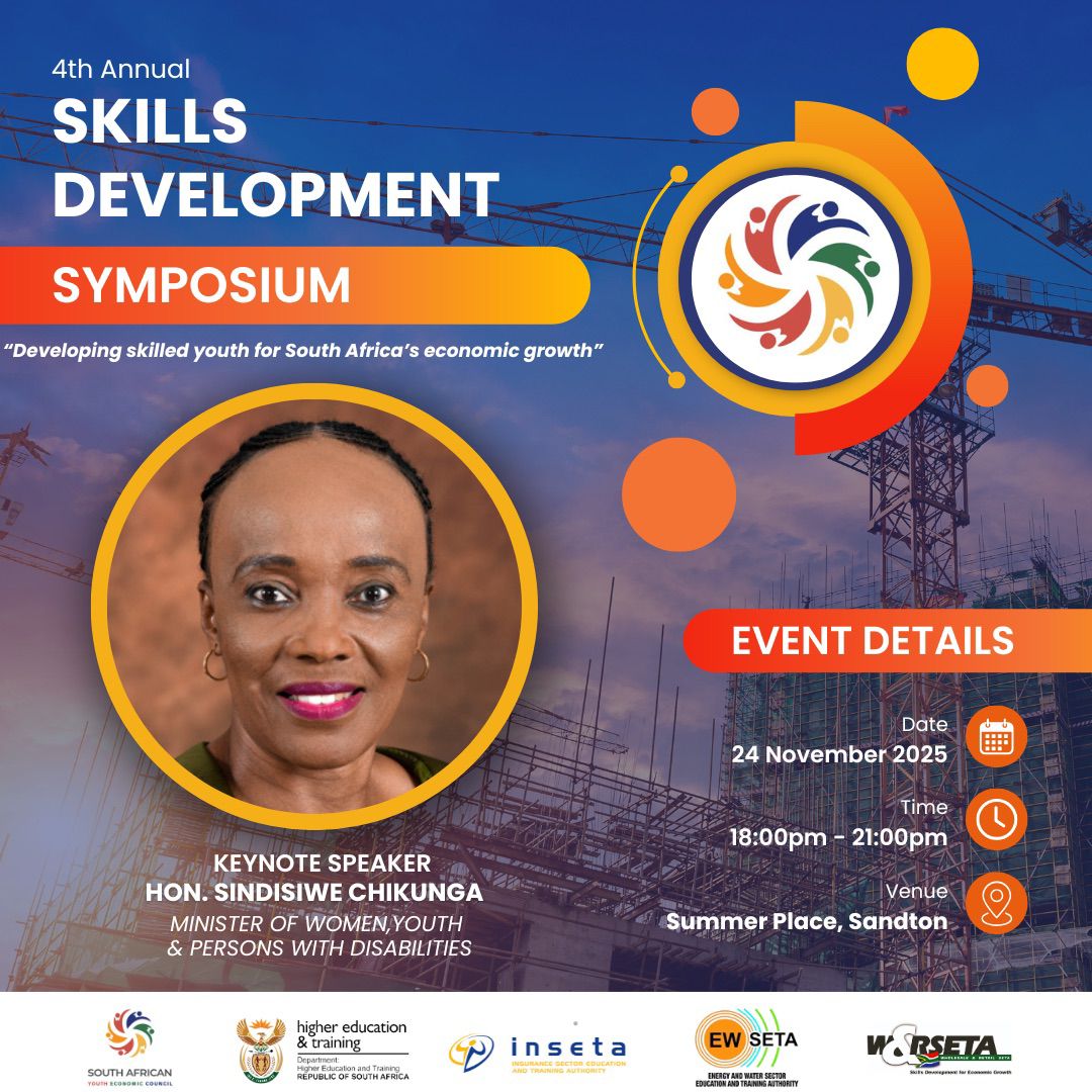 SAYouthEconomic's tweet photo. 🚨 KEYNOTE SPEAKER 🇿🇦

We’re excited to announce that the Minister of Women, Youth, and Persons with Disabilities, Hon. Sindisiwe Chikunga, will be the keynote speaker at our 4th Annual Skills Development Symposium at Summer Place, Sandton.

Register here: https://t.co/jv8o1BMnNc https://t.co/mvRkL55HrI