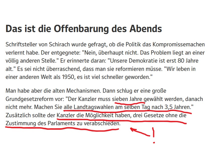 Demokratie ist nur noch zu retten, wenn die Politiker nur noch 2mal alle 7 Jahre von den Bürgern belästigt werden können und der Kanzler ohne parlamentarische Kontrolle 3 Gesetze seiner Wahl autoritär durchdrücken darf.
Alles verstanden! 🫡 #CarenMiosga #miosga