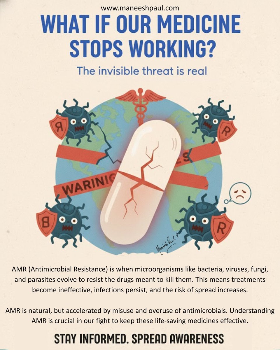 maneeshpaul's tweet image. It’s officially World Antimicrobial Awareness Week (WAAW)! 🚨

The clock is ticking on the effectiveness of our most critical medicines.

Your mission for this week: 🔹 Learn: Understand that antibiotics treat bacteria, not viruses.  🔹 Act: Only take antimicrobials when…