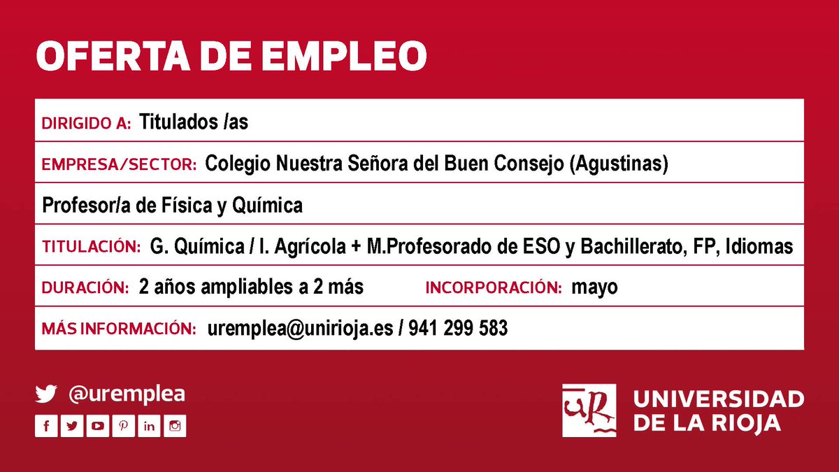 ♦️Oferta #empleo #TituladosUR <a href="/unirioja/">Universidad de La Rioja</a> #Química #IngenieríaAgrícola Sector: educación 👩‍🏫👨‍🏫 ¡Inicio: mayo! Más info:➡️bit.ly/3onDlmw