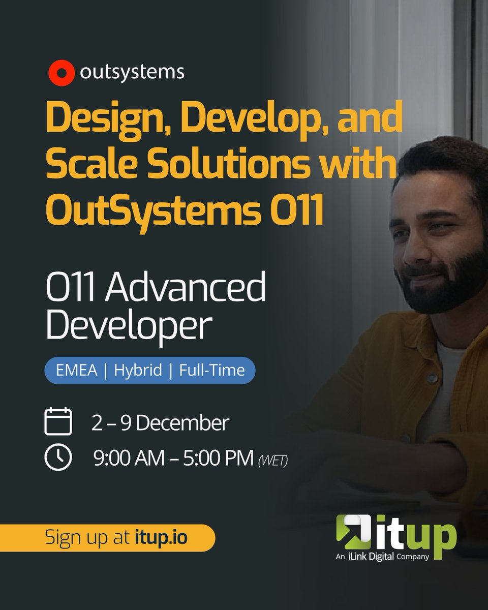 _ITUp_'s tweet image. Ready to go beyond the basics? Master complex app patterns, performance, and scalable OutSystems solutions in the O11 Advanced Developer course.

📅 2–9 Dec | 9:00–17:00 WET
🌍 Hybrid (EMEA)

Register now → zurl.co/sXtNS 

#OutSystems #LowCode #Upskill #ITUp
