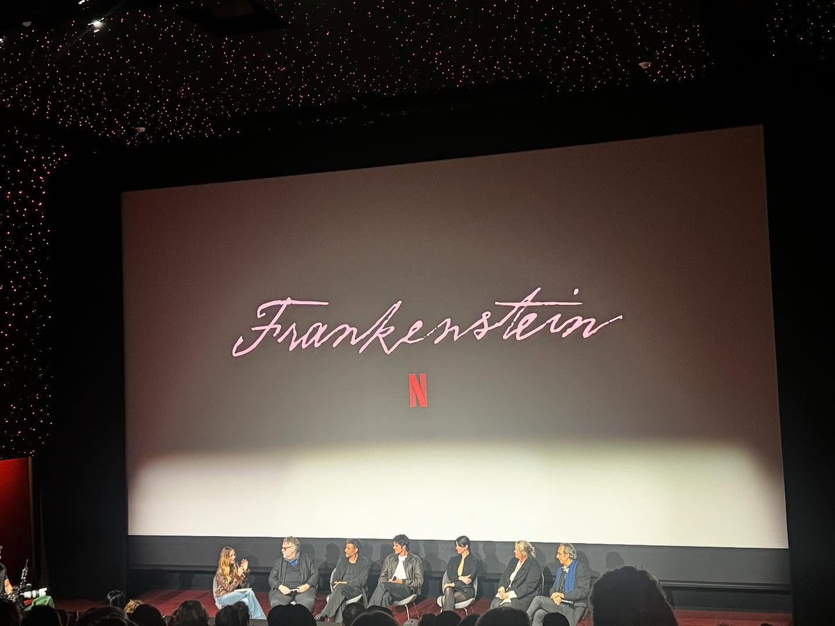 Mia Goth with Jacob Elordi, Oscar Isaac, and Guillermo del Toro at a ‘Frankenstein’ Q&amp;Amoderated by Margot Robbie.