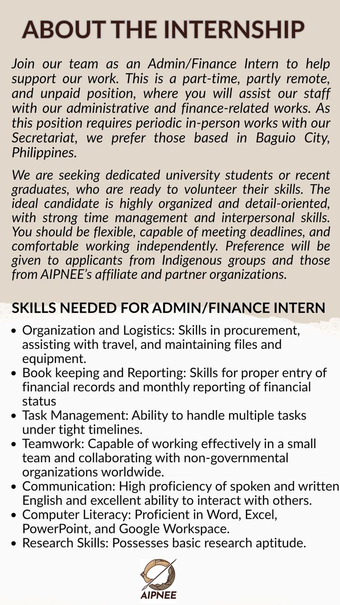 aipnee's tweet image. 📢 AIPNEE is looking for an Admin/Finance Intern to join our team!
✅ Flexible, part-time &amp;amp; remote (with preference for those based in Baguio City)
✅Open to students &amp;amp; recent graduates
✅ Gain skills in organization, logistics and book-keeping, etc
👉 For more details, see below