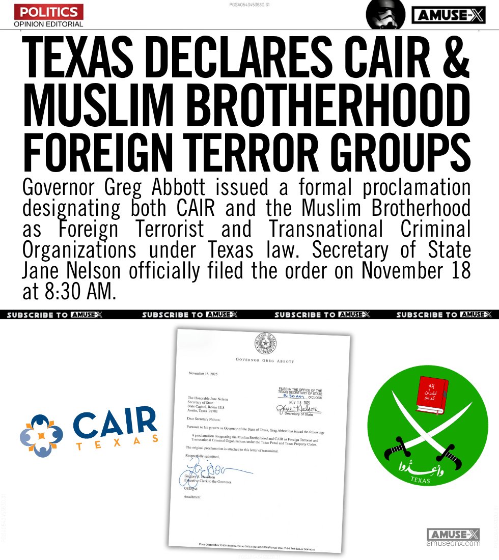 amuse's tweet image. TERROR: The State of Texas has formally declared both CAIR (Council on American–Islamic Relations) and the Muslim Brotherhood (جماعة الإخوان المسلمين) terrorist organizations. This follows both groups efforts to disrupt State Board of Education (SBOE) meeting today to oppose the…