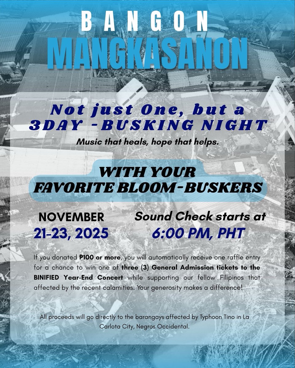 lexxubear's tweet image. 🎶 MUSIC THAT HEALS. HOPE THAT HELPS. 🌱

Not just 1 but 3 days of sharing their talents and compassion through music by our Bloom friends to help La Carlota rise after Typhoon Tino!

Every note, every donation brings hope! 💖

📌 For Donation Request :  

docs.google.com/forms/d/e/1FAI…