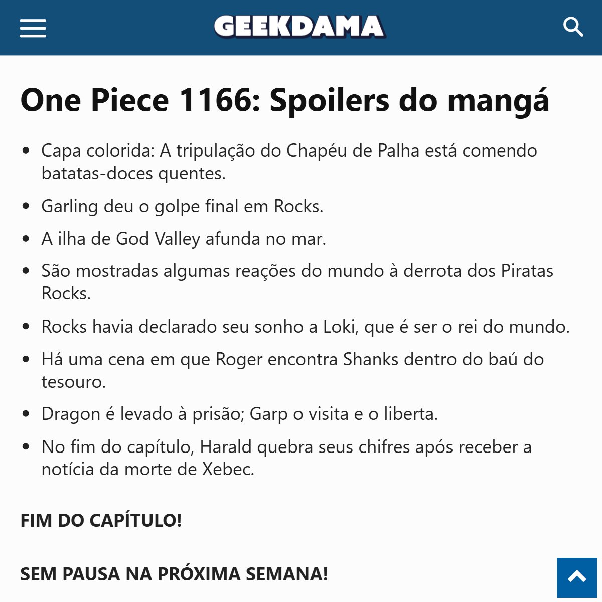 #ONEPIECE1166

🚨 PRIMEIROS SPOILERS!! Como ficou cada um após o fim de God Valley...