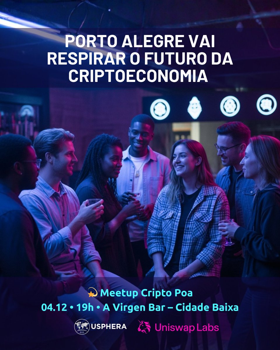 🚀 Porto Alegre vai respirar o futuro da #criptoeconomia!

📅 04/12 • 19h

📍 A Virgen Bar – Cidade Baixa

Presença confirmada: <a href="/anawestfal/">Ana Westfal</a>  da <a href="/Uniswap/">Uniswap Labs 🦄</a> 

🎟️ Inscrições limitadas: 
forms.gle/9xL5tGzKUXpHDK…

Vem construir com a gente 🔗

 #MeetupCryptoPoa #Web3