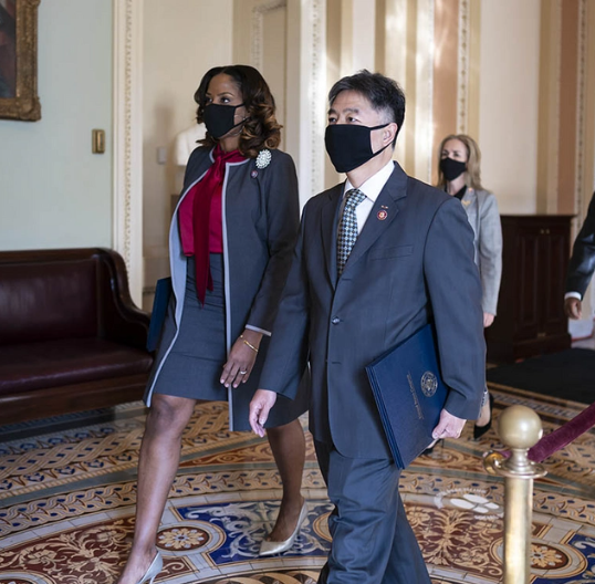 Now it makes sense. <a href="/StaceyPlaskett/">Rep. Stacey Plaskett</a> was a co prosecutor with <a href="/tedlieu/">Ted Lieu</a> in their failed impeachment attempt.

P.S. Nice mask.
