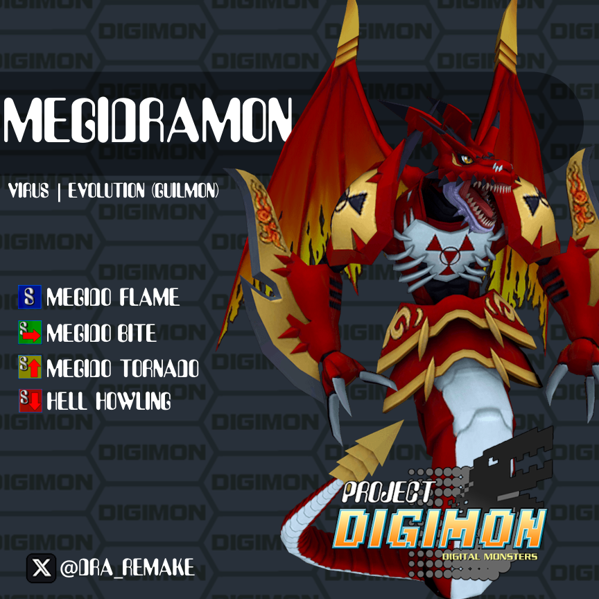 DRA_Remake's tweet image. Megidramon is a ticking time bomb. They create barriers that grant super armor as they breathe fire and wail on the foe. In Ultra their evo move is a do-or-die explosion that deletes enemy health. If nothing is hit however, it deletes Megidramon&apos;s.

#projectdigimon #megidramon