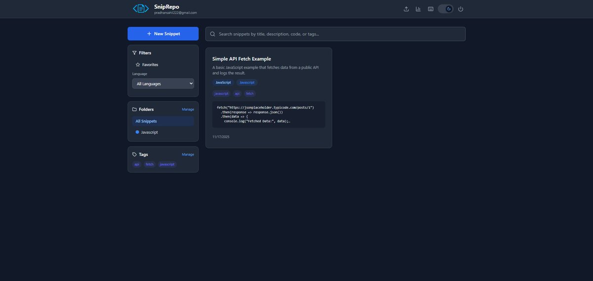 SahilPradhan_01's tweet image. 🚀 Day 8 of Building SnipRepo
✨ Added a Snippet Detail page to view snippets clearly
✨ Added icons on Snippet Cards to show folders vs tags
✨ Finished creating &amp;amp; managing Tags + Folders in Supabase
#buildinpublic #SaaS #ReactJS #IndieHackers #supabase