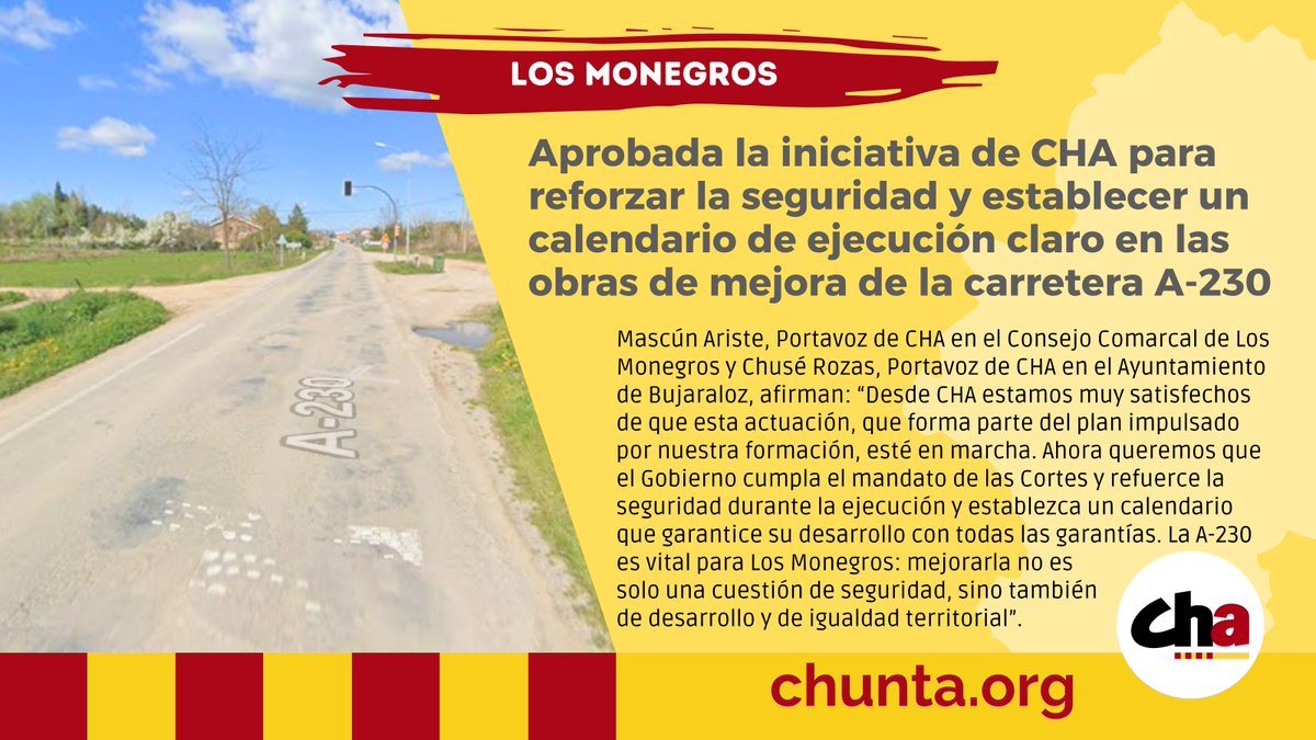 🛣️ Aprobada la iniciativa de CHA para reforzar la seguridad y establecer un calendario de ejecución para las obras de la A-230 entre Sariñena y Bujaraloz

<a href="/mascunariste/">Mascún L. Ariste</a> y <a href="/ChuseRozas/">Chusé Rozas</a>: "Ahora queremos que el Gobierno cumpla el mandato de las Cortes"

🔗 chunta.org/aprobada-la-in…