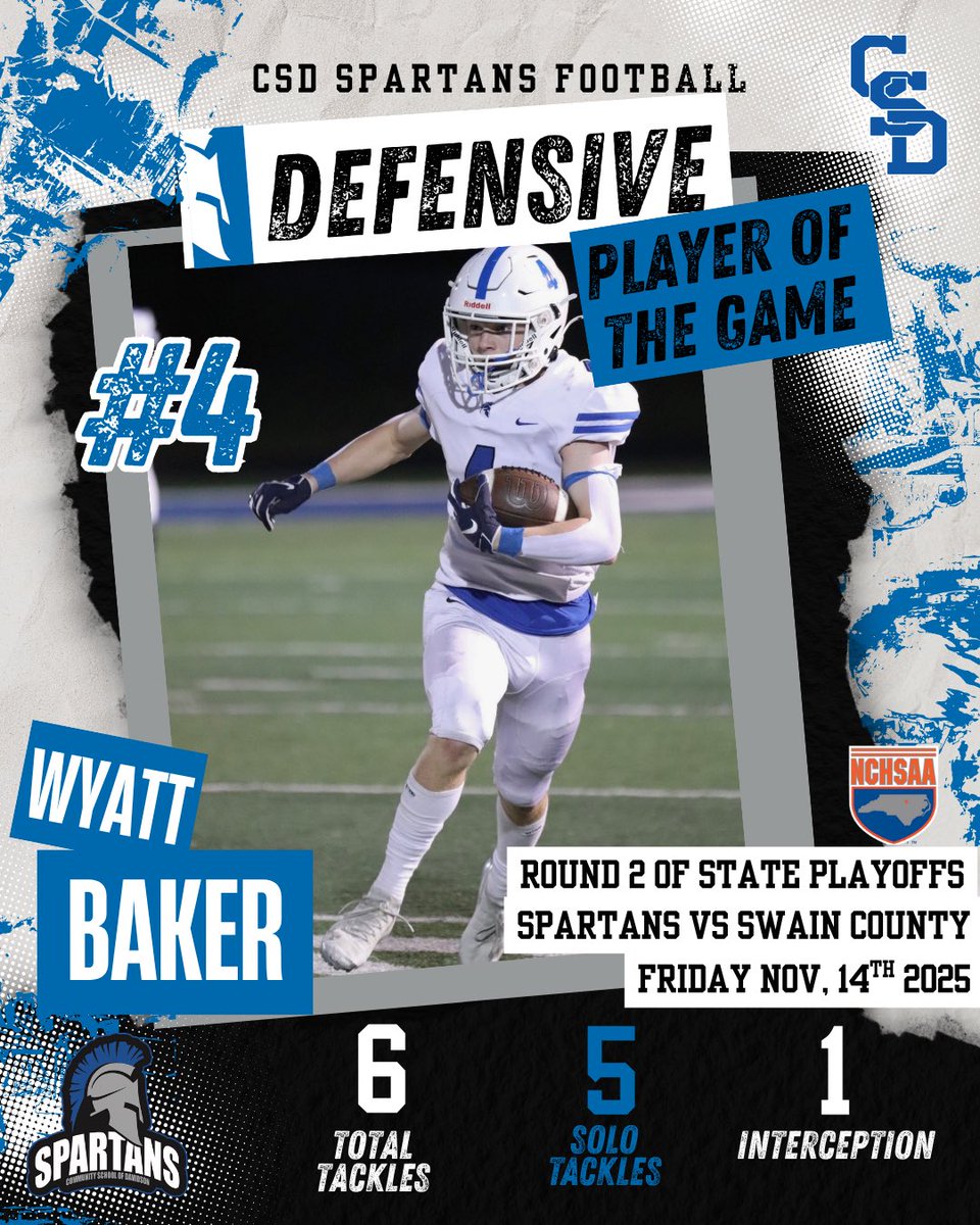 Congrats to our Offensive &amp; Defensive Players of the Week!
<a href="/TySigler1/">Ty Sigler</a> &amp; Wyatt Baker led the Spartans to a big road victory and opportunity to advance to the 3rd Round of the 2A playoffs.
Go Spartans!
<a href="/CSD_athletics/">CSD Athletics</a> <a href="/CSDCrier/">Community School of Davidson</a> <a href="/CSD_Boosters/">CSD_Boosters</a>