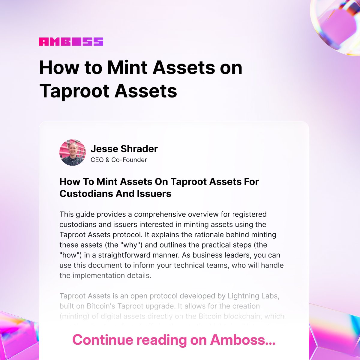 ambosstech's tweet image. Mint assets on #Bitcoin.
Move them on #Lightning.
Access yield with Rails.
Taproot Assets change the game for issuers + custodians.

🔗 Read the guide: a4s.me/mint-taproot-a…