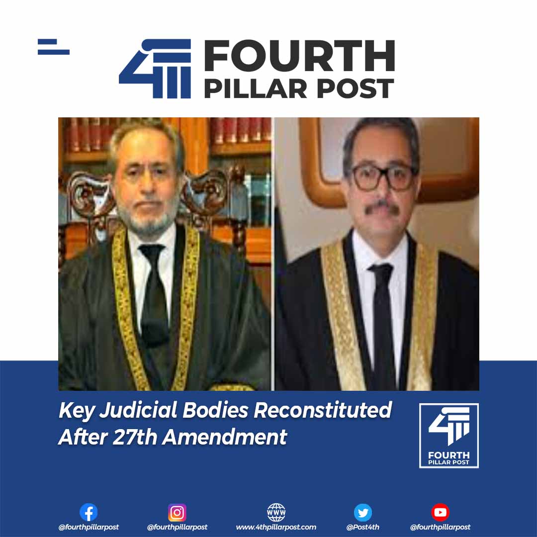 Post4th's tweet image. Following the 27th Amendment, major shifts have been made in Pakistan’s top judicial bodies, bringing new members into the SJC, JCP and Practice &amp;amp; Procedure Committee as the judiciary undergoes structural reform. #27thAmendment #JudiciaryReforms 
Read more:…