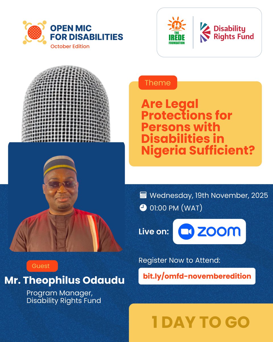 It's happening TOMORROW! ✨

Join our #OpenMic for Disabilities, featuring a special conversation with @TheophilusOdaudu from <a href="/DisabilityFund/">Disability Funding</a>.

📅 Tomorrow | 1:00 PM
🔗 Register: bit.ly/omfd-novembere…
#DisabilityInclusion #Advocacy #theiredefoundation