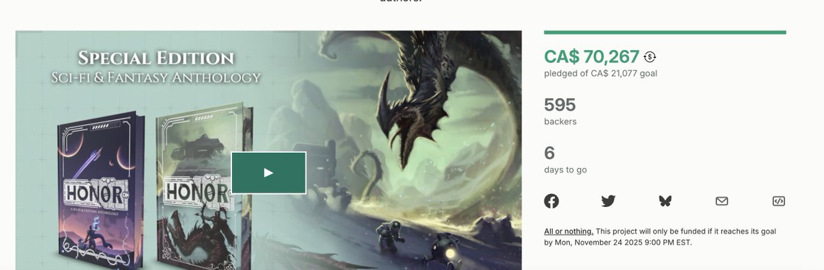 spaisleyauthor's tweet image. The Honor Anthology just crossed $50k in pledges and almost 600 backers!!!

It&apos;s not too late to grab one (or both) of these INSANELY COOL special editions, ft 22 rising indie sci-fi and fantasy authors

- sprayed edges
- full colour art
- foiled covers
- a million other things!!