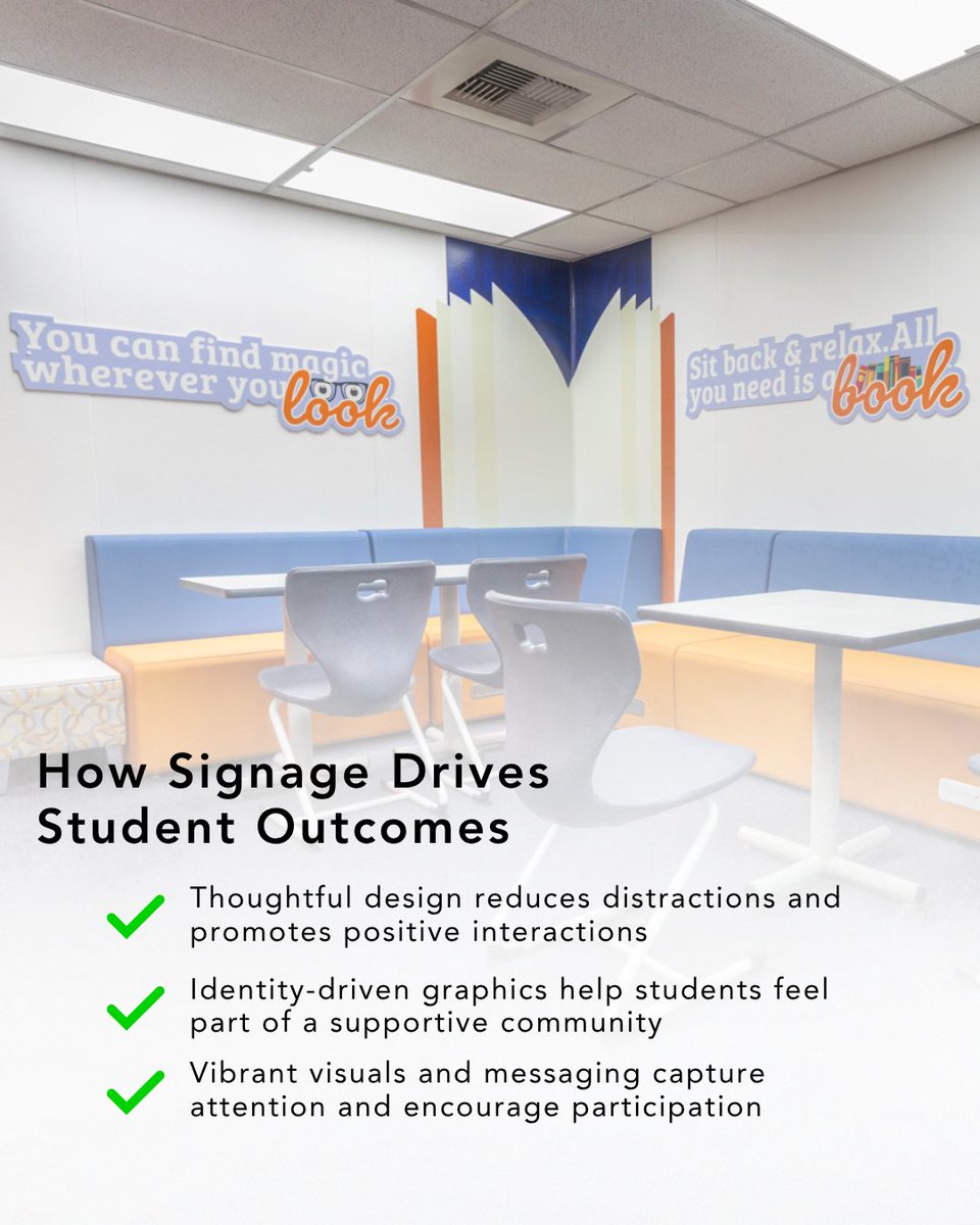 AmTab's tweet image. Visual Design That Supports Students 🌟🎨  

Signage Graphics Decor do more than brighten a building—they help shape how students feel, engage, and belong.  

When schools elevate their visual environments, they elevate the student experience. ➡️linktr.ee/amtabmfg
