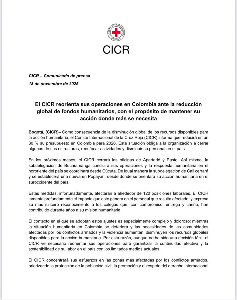 #Atención | El Comité de la Cruz Roja Internacional informó que su operación en Colombia tendrá una reducción del 30% en su presupuesto y que se verá obligado a cerrar oficinas en Apartadó y Pasto, entre otras.

La medida se adopta como consecuencia de la disminución global de