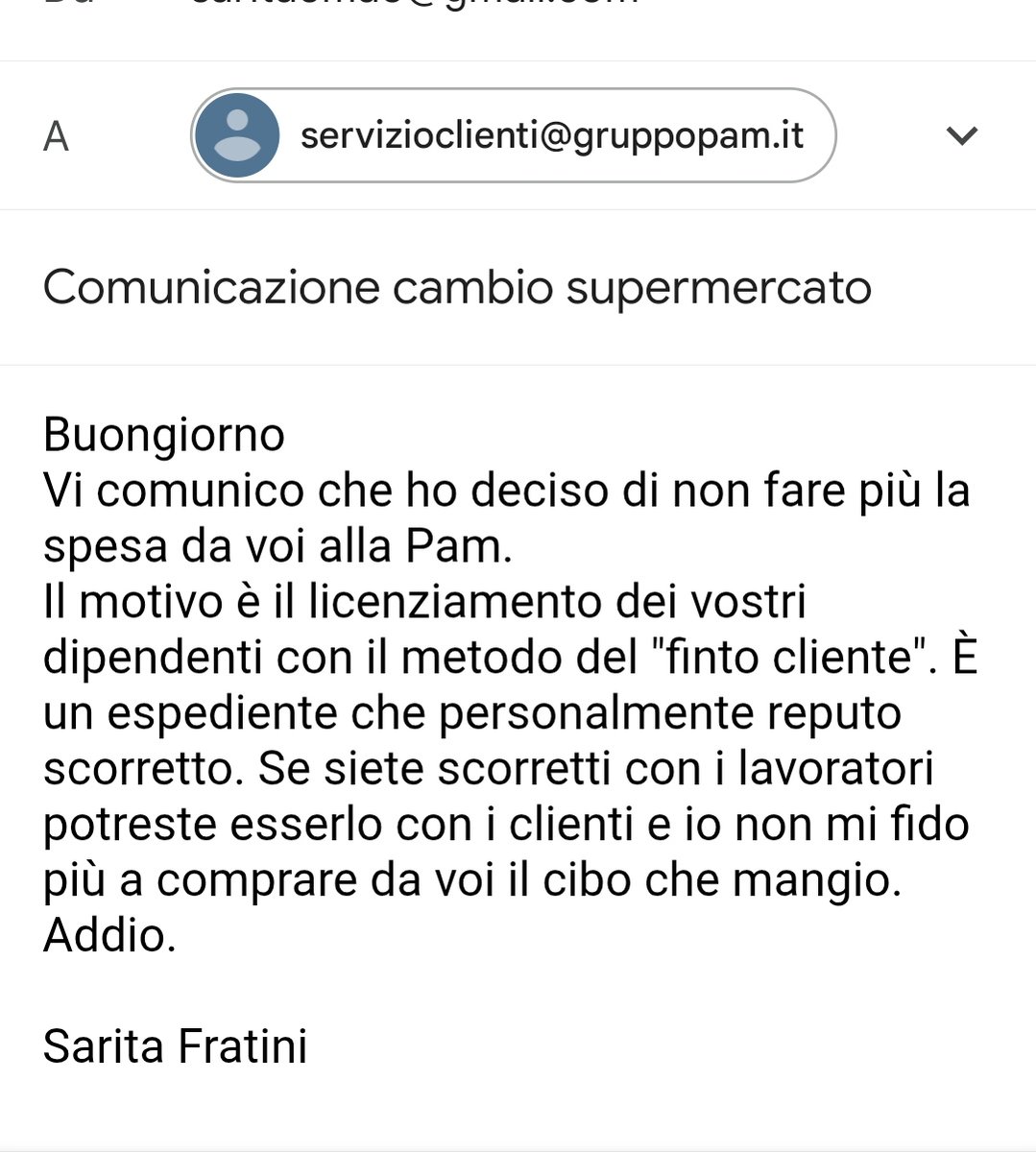 Sarita_Libre's tweet image. Ho anche spedito una mail al servizio clienti di #Pam (servizioclienti@gruppopam.it) per comunicare che non farò più la spesa da loro perché personalmente non mi fido di loro e del cibo che vendono.
#BoicottaPam