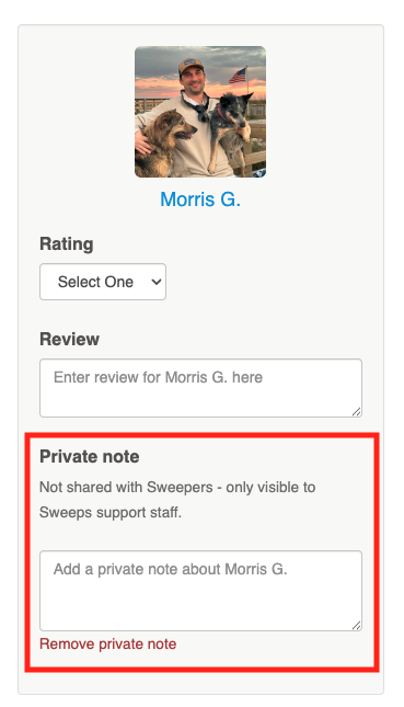 morrisgelblum's tweet photo. We shipped a quick feature at Sweeps today for marketplace trust after a customer requested it yesterday: Private Notes on Sweeper Reviews.

The vast majority of feedback we get is positive, but sometimes customers want to share candid context without writing a public review or reaching out on another channel. Private Notes give customers a simple way leave internal communication for our support team only. We never know what is going to happen next but we always appreciate the feedback!

Sweepers have had a private notes section on their timesheets for years, and now customers do too.